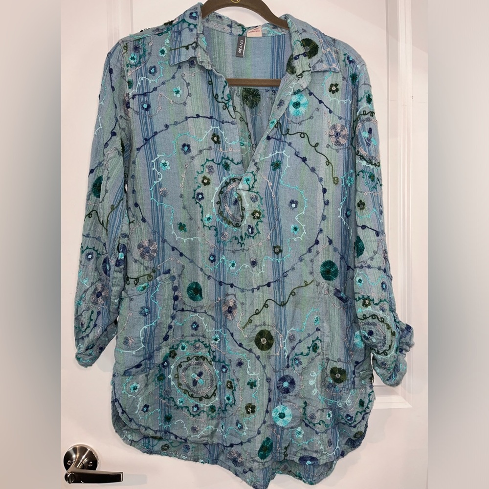 ANU Embroidered Boho Cotton Eco-Friendly Artisian Button Up Blouse Size Small